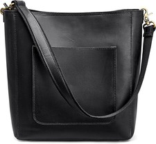S-zone Women Vintage Genuine Leather Bucket Tote Bag Hobo Handbag Black 