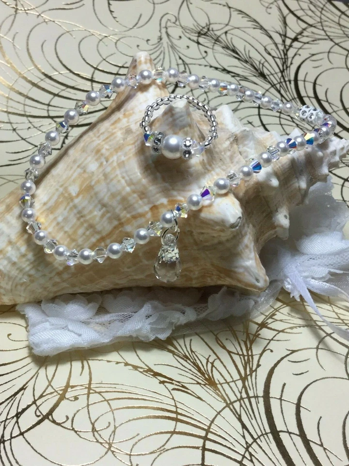 Pulseira/tornozeleira feita à mão pérola transparente elemento Swarovski + anel de dedo do pé grátis EUA - Imagem 3 de 3