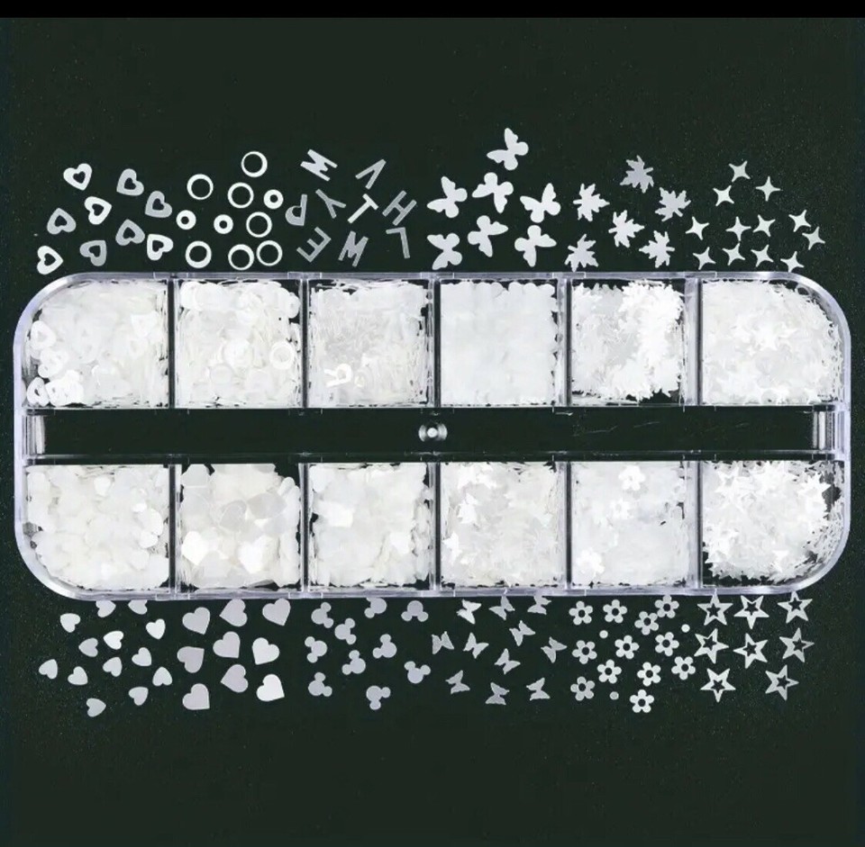 12 Grid 3D Pure White Nail Sequins Mixed Heart Flowers Stars Nail Art