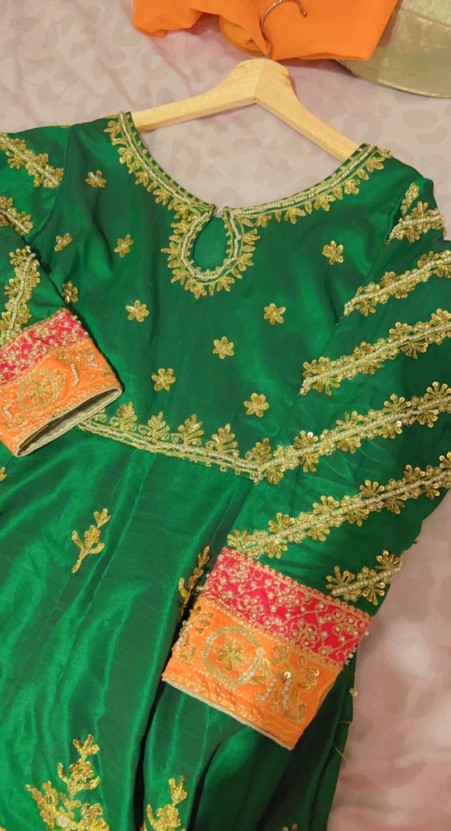 Pakistan Wedding Mehndi Bridal Green And Orange Dress Heavy Work Size Small  To M | eBay UK