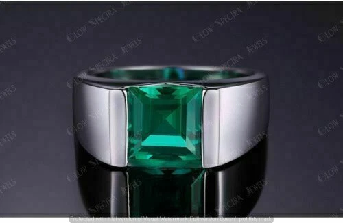2 Ct Princess Cut Green Emerald Simulated Men's Band Ring 14K White Gold Finish