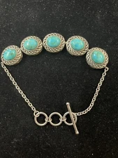 NAVAJO STERLING SILVER TURQUOISE ADJUSTABLE TOGGLE CLSP BRACELET SIGNED BBJ 🆓📬