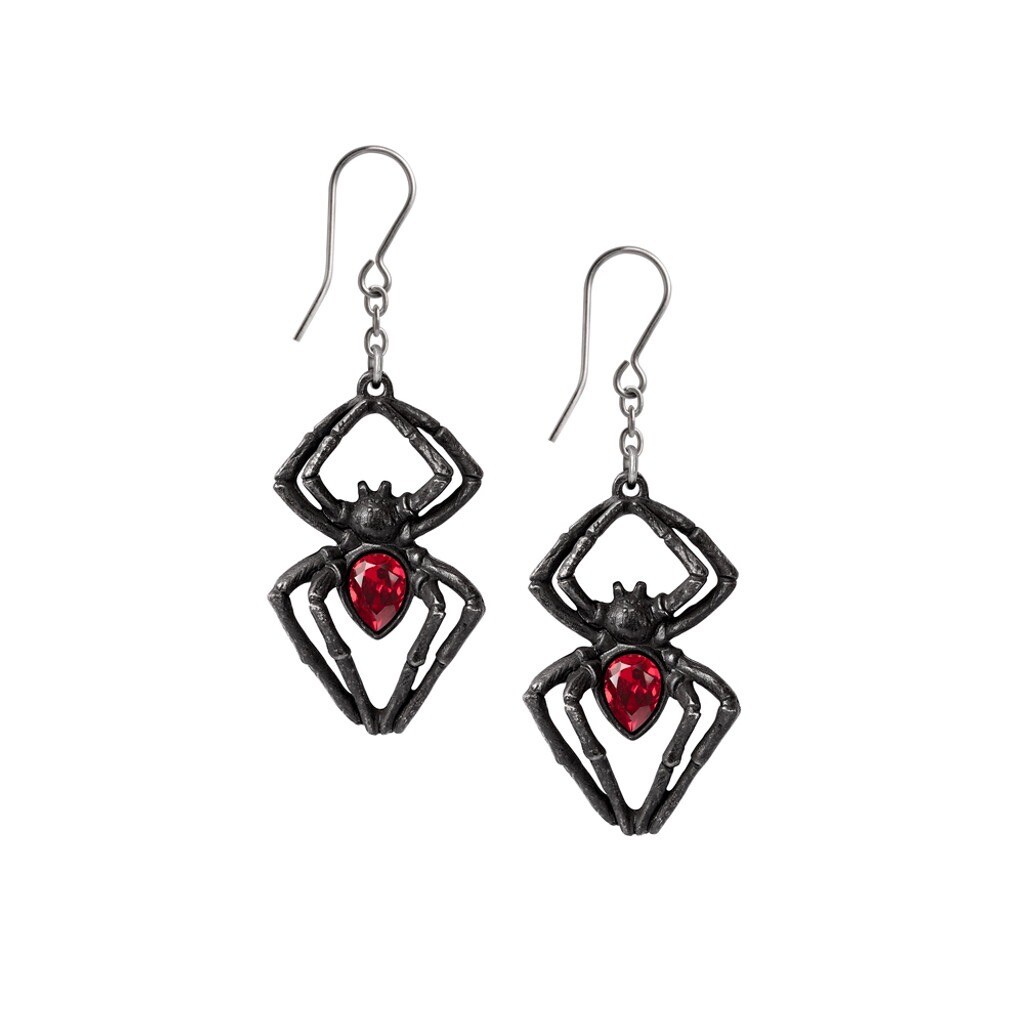 Alchemy Gothic E428B - Black Widow Earrings Spider Dropper Red