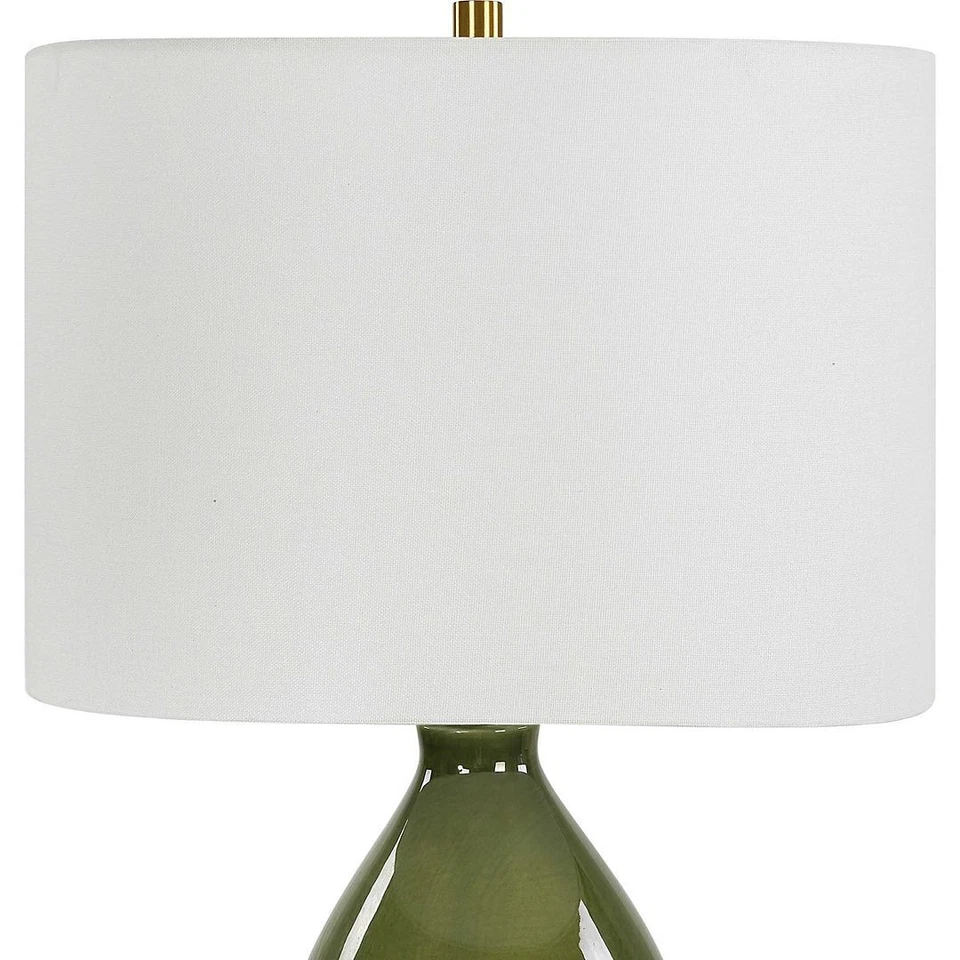 Elegant Gloss Moss Green Ceramic Gourd Shape Table Lamp 31 in Brass Gold Classic - Image 3 of 4