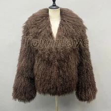 Women's 100% Real Mongolian Sheep Fur Coat Turn Down Collar Warm Real Fur Jacket
