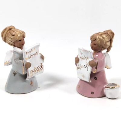 Vintage deutsche Keramik Weihnachtsengel Kerzenhalter Paar handbemalt Figur