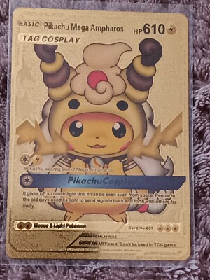 are tag cosplay pokemon cards real Gold Pikachu and Mega Ampharos Tag Cosplay No. 007 Rare Card with Top  Loader