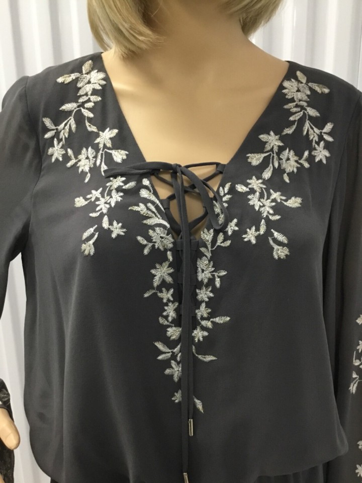White House Black Market Blouson Dress Dark Gray Embroidery Size 10 eBay