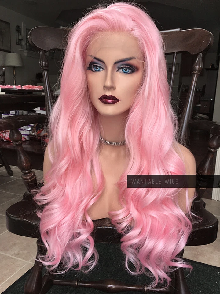 EE. UU. | Pelucas delanteras de encaje rosa pastel para mujer blanca | Juegos con disfraces largos rizados, quimioterapia Foto 4 de 4