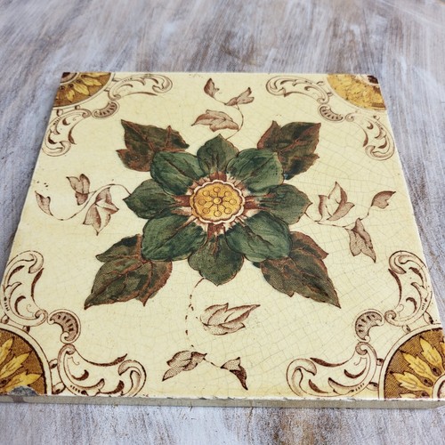 Antique Victorian Pilkingtons Print & Tint Arts Crafts Tile 6" Floral c1892-1910 - Picture 4 of 16