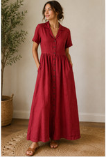 Eddie Bauer 100% Linen Button Front Maxi Shirt Dress Pockets Red Women's Small