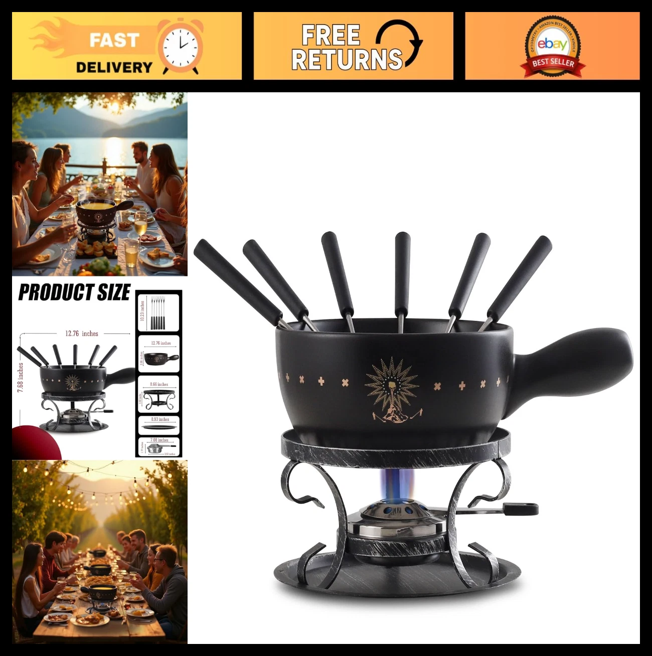 2.11-Quart Swiss Fondue Pot Set for Cheese & Chocolate, 10-Piece with 6 Forks