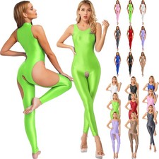 Women Shiny Oil Jumpsuit Yoga Hollow Out Bodysuit Sport Crotchless Bodystockings