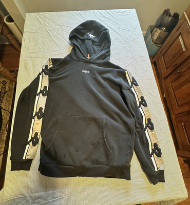 Kappa Men s XL Black Pullover Hoodie Logo Tape Sleeves Kangaroo Pocket