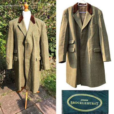 Vintage John Brocklehurst (46) Fensterscheibe grün Tweed Karo langer Mantel (2XL) sehr guter Zustand