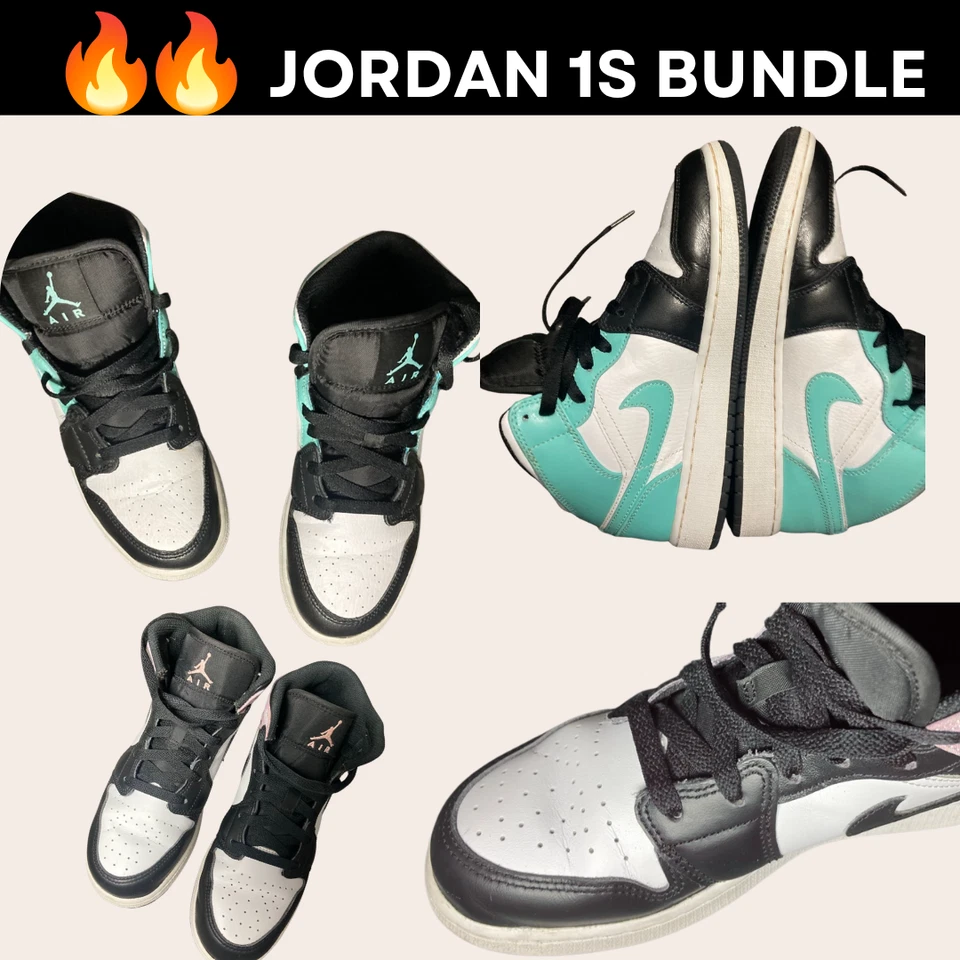 Nike Air Jordan 1 Mid PAQUETE Negro y Blanco Teal Púrpura 5.5Y 6Y ¡OFERTA! Foto 2 de 4