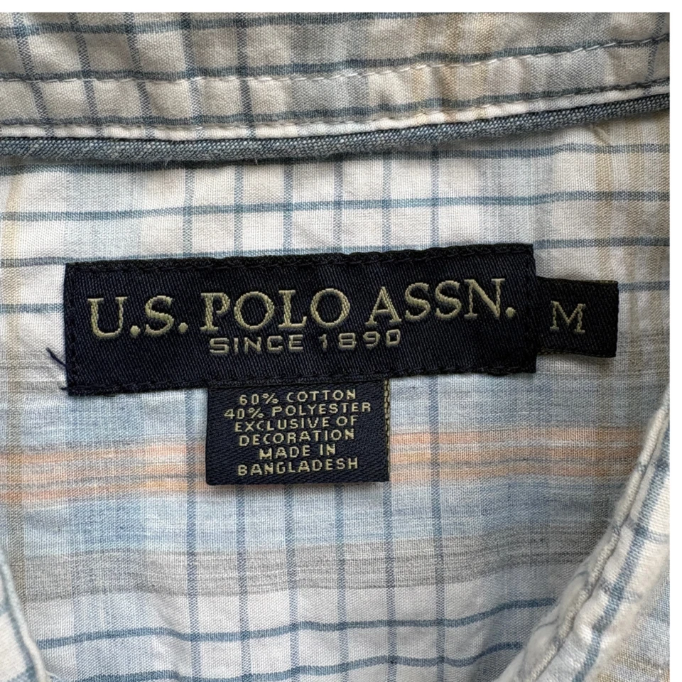 U.S. Polo Assn. Мужская рубашка с коротким рукавом M на пуговицах клетчатая синяя бежевая клетчатая - Изображение 4 из 4