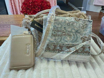 bebe Beige Logo Satchel Top Handle Zip Bag Detachable Strap + Coin Purse