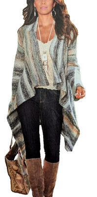 BOSTON PROPER Sz S 6 8 Wool Blend Striped Drape Cardigan Sweater Coat Gray Beige