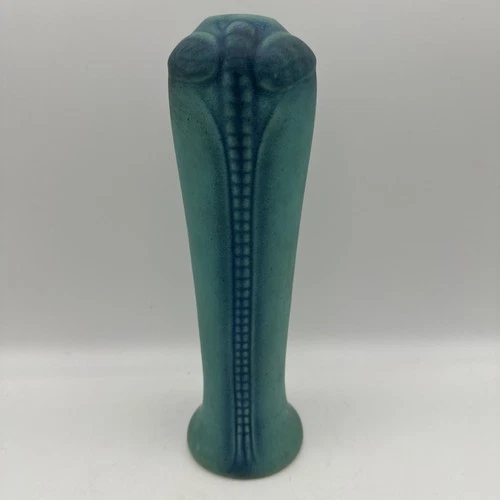 VAN BRIGGLE POTTERY, BLUE OMBRE DRAGONFLY VASE, 1920'S, 9” T