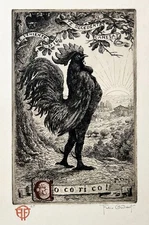 Félix OUDART - Cocorico! c.1890.  Eau-forte originale, signée. COQ ROOSTER