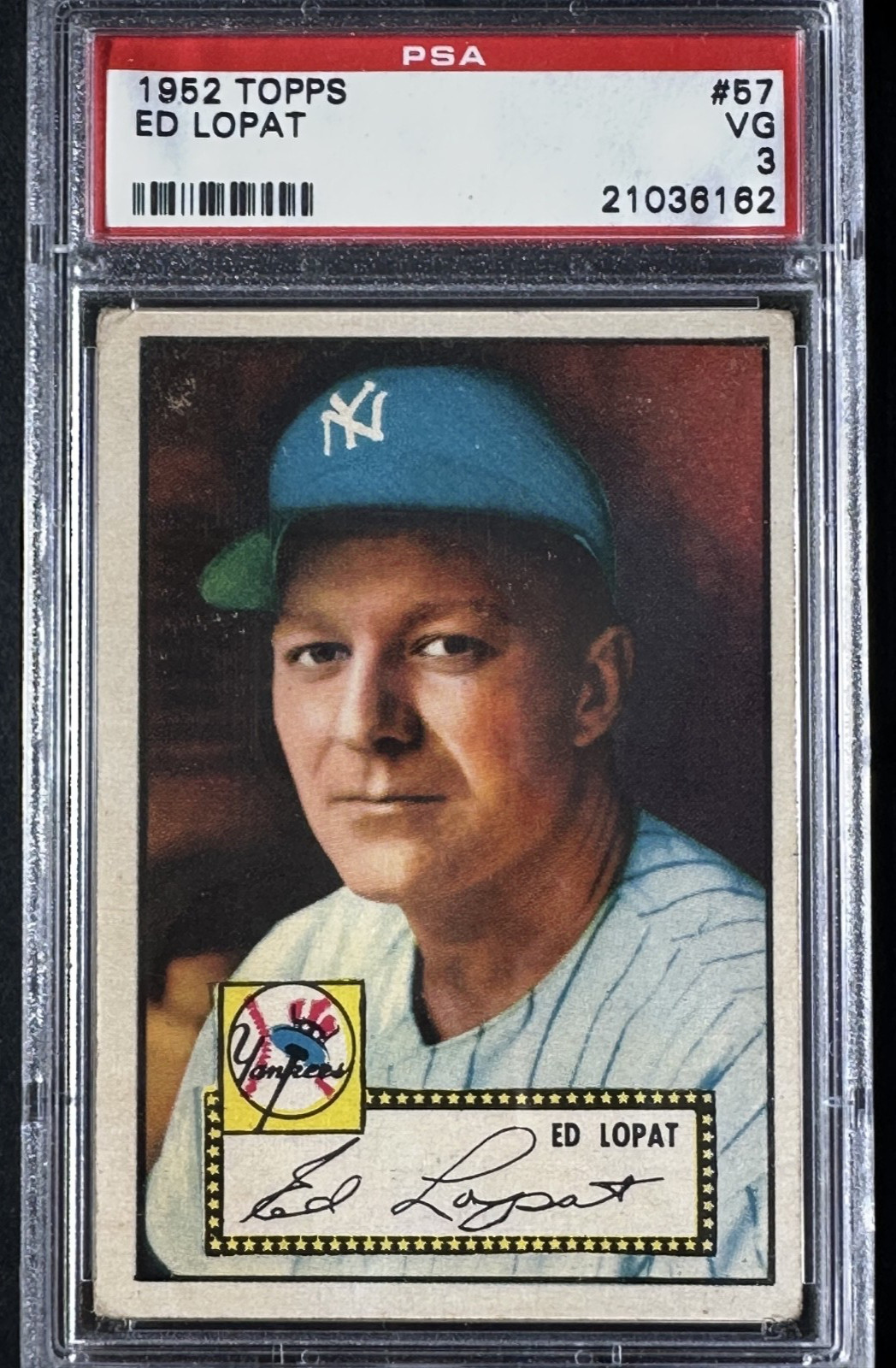 1952  Topps Ed Lopat #57 New York Yankees Red Back  PSA 3 VG