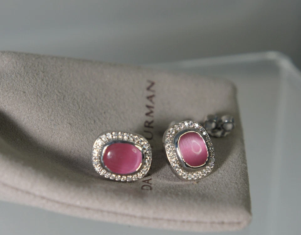 David Yurman 925 Sil Cushion PINK Tourmaline Diamond Noblesse 585 Stud Earrings - Image 3 of 4
