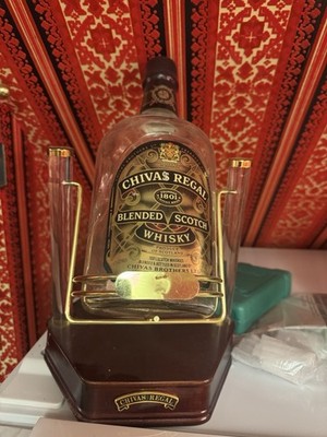 Chivas Regal Distillery Advertising Bottle with Display Stand Brown Gold Clear