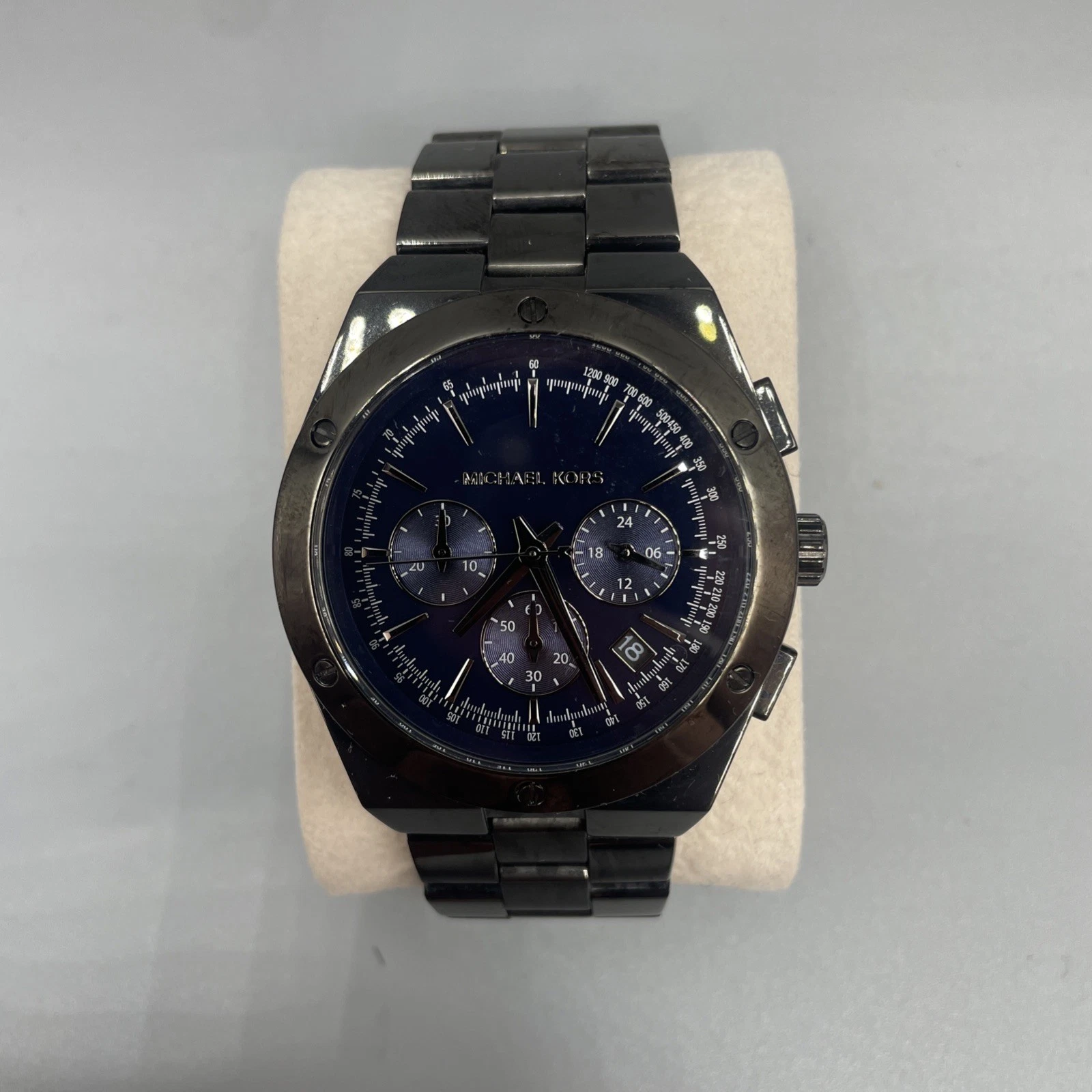 NUOVO OROLOGIO CRONOGRAFO MICHAEL KORS REAGAN TONO CANNA DI FUCILE QUADRANTE BLU SCURO MK5994