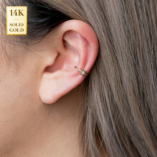 14K REAL Solid Gold Single Cubic Zirconia Daisy Flower Ear Cuff Wrap Earring - Picture 2 of 8