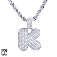 K Initial Silver Plated Custom Bubble Letter Iced CZ Pendant 24" Chain Necklace