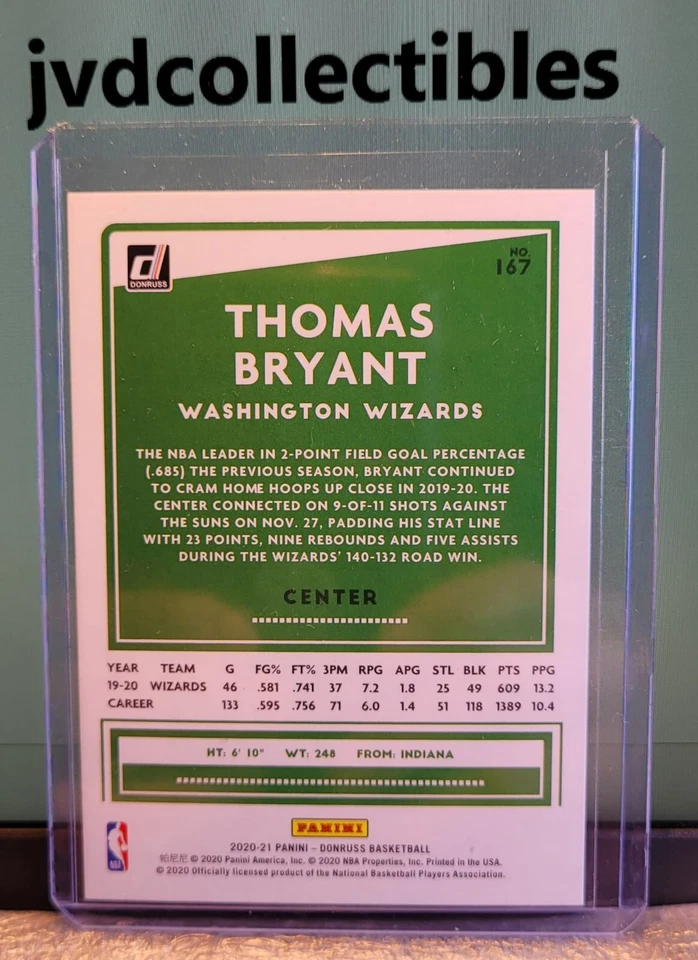Thomas Bryant Green & Yellow Laser Holo 2020-21 Panini Donruss Basketball #167 - Image 2 of 2