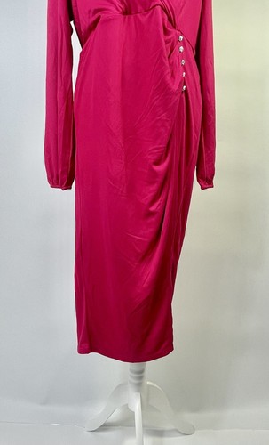 V By Very Curve Plus Ruched V Neck Wrap Button Detail MIDI Dress Pink UK Size 20 - Picture 3 of 8