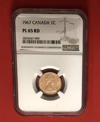 1967-CANADA-ONE CENT COIN,GRADED BY NGC PL 65 RD