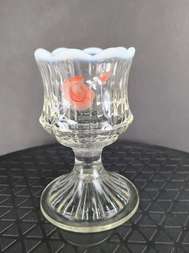 Vintage Fenton Opalescent Clear Glass Hand Painted Pedestal Votive Candle Holder