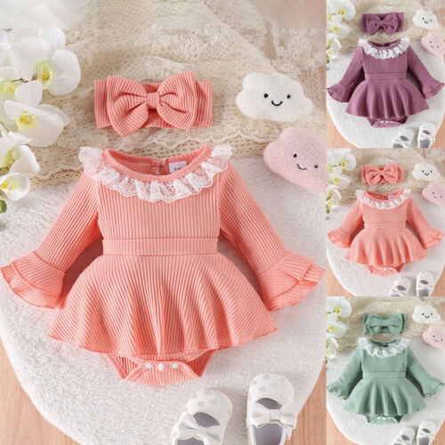 Newborn Baby Girls Lace Ribbed Bodysuit Romper Dress Headband Outfits Clothes