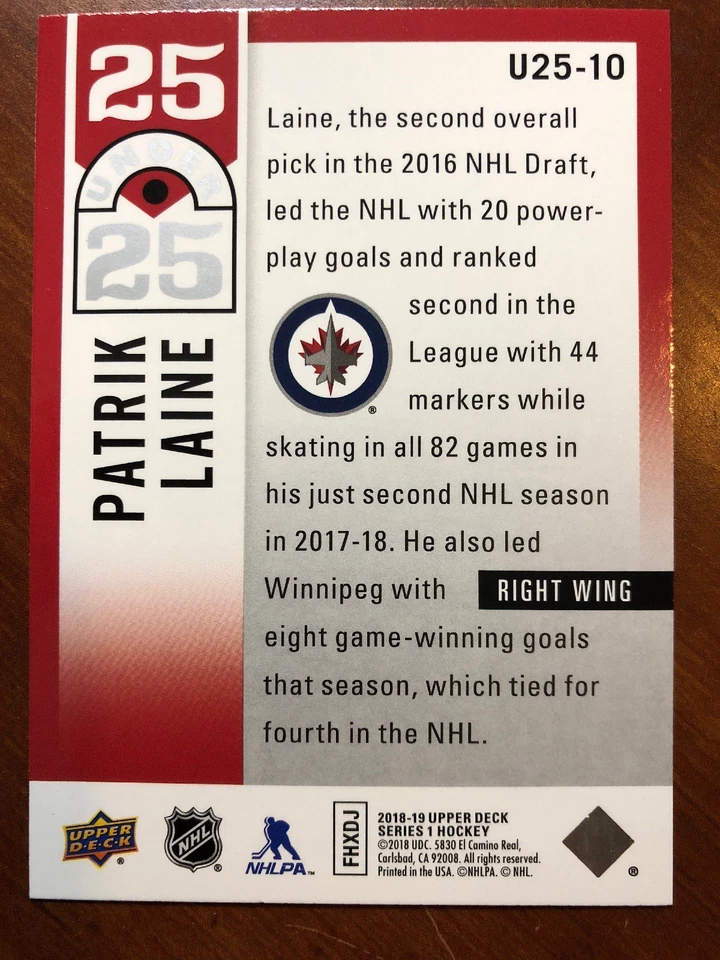 18-19 UD Series 1 25 Under 25 #U25-10 Patrik Laine - Image 2 of 2