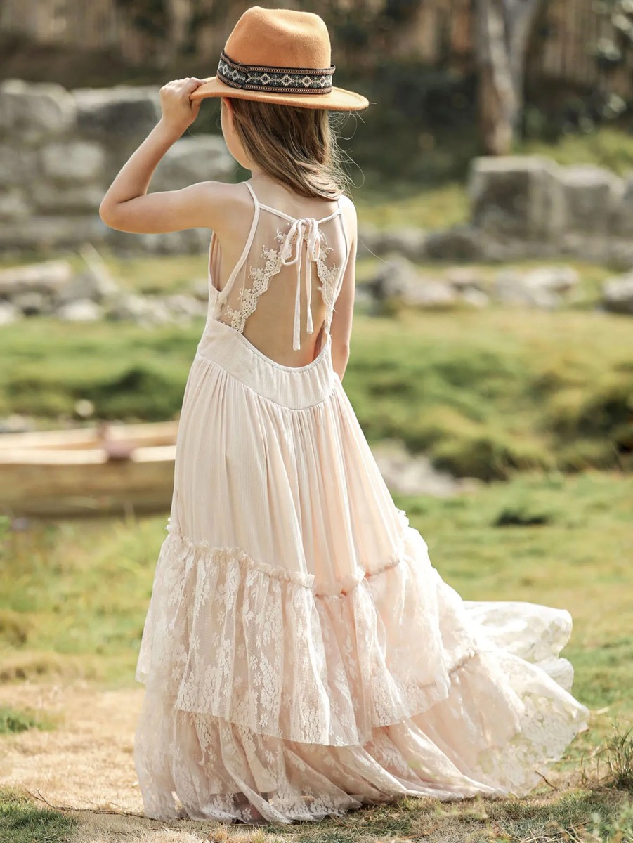New Girls Lace Chiffon Backless Long Dress Wedding Flower Girls Birthday Party New Girls Lace Chiffon Backless Long Dress Wedding Flower Girls Birthday Party