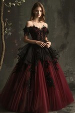 Gothic Off Shoulder A-Line Red Black Wedding Dresses Applique Beaded Bridal Gown
