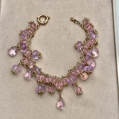 Pink Lilac Multifaceted Lucite Charms Gold Tone Bracelet 7''