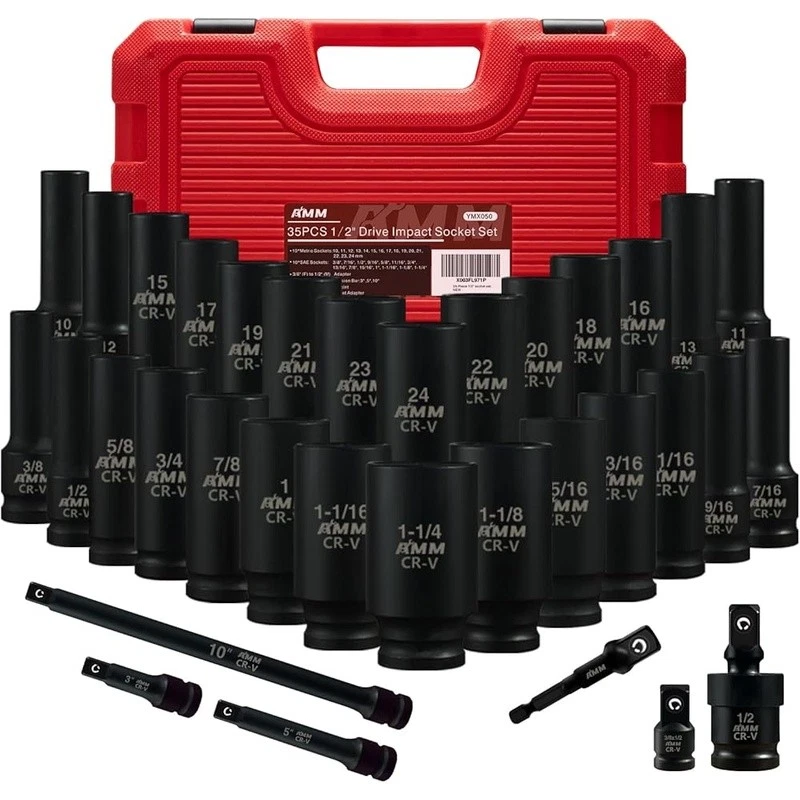 35PCS 1/2 Impact Socket Set Deep Metric SAE Extensions Adapter Toolbox - Image 2 of 4