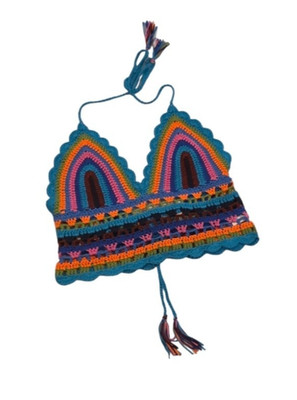 Bestto Boho Festival Crop Top Halter Bralette Size M L Rainbow Tassels Bohemian 