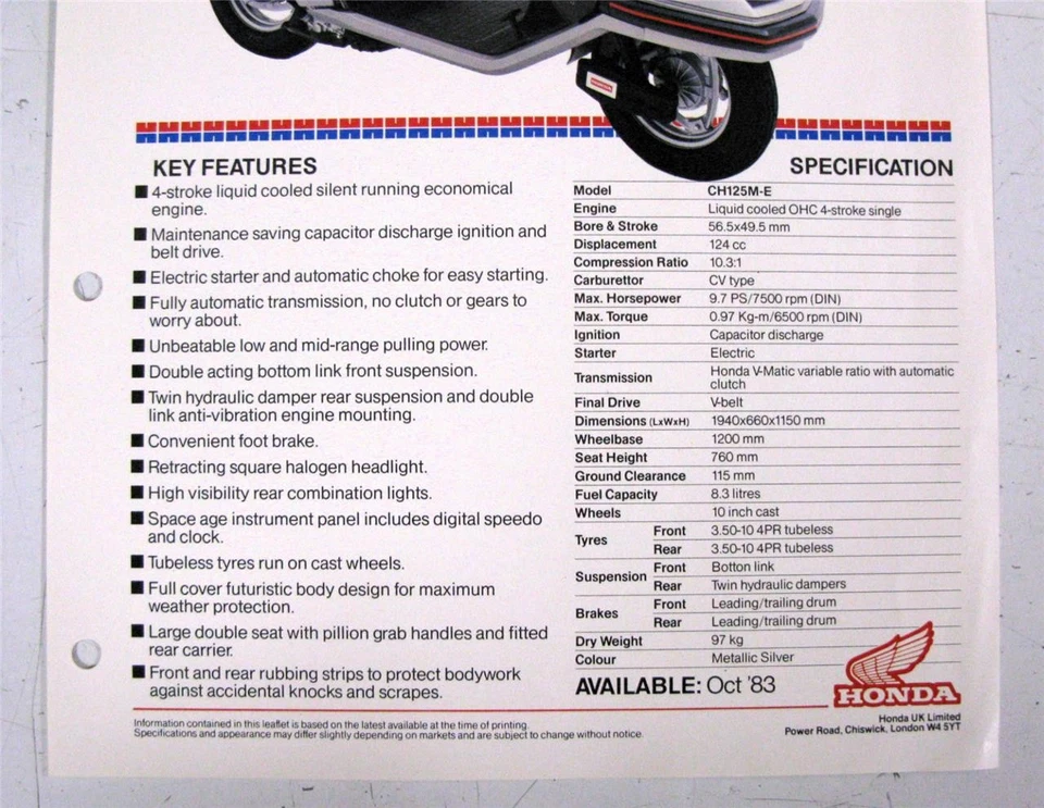 HONDA CH125 SPACY Lightweight Commuter Sales Specification Leaflet OCT 1983 - Image 2 of 3