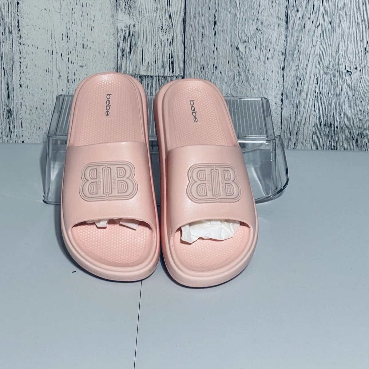 べべある Bebe Womens Blush Pink Sandal Size 9 NWT 3D Logo Pool, Beach