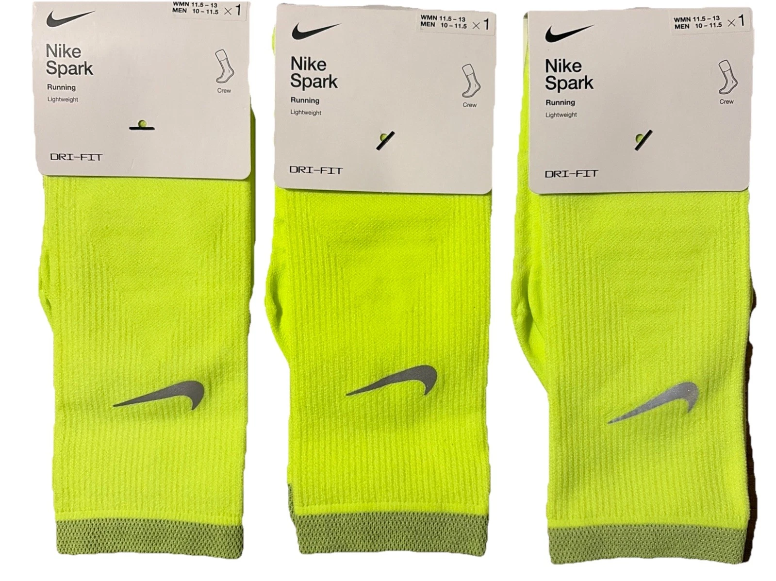 3 Pair Nike Spark Running Socks CREW Woman 11.5-13 MEN 10-11.5 Volt Yellow