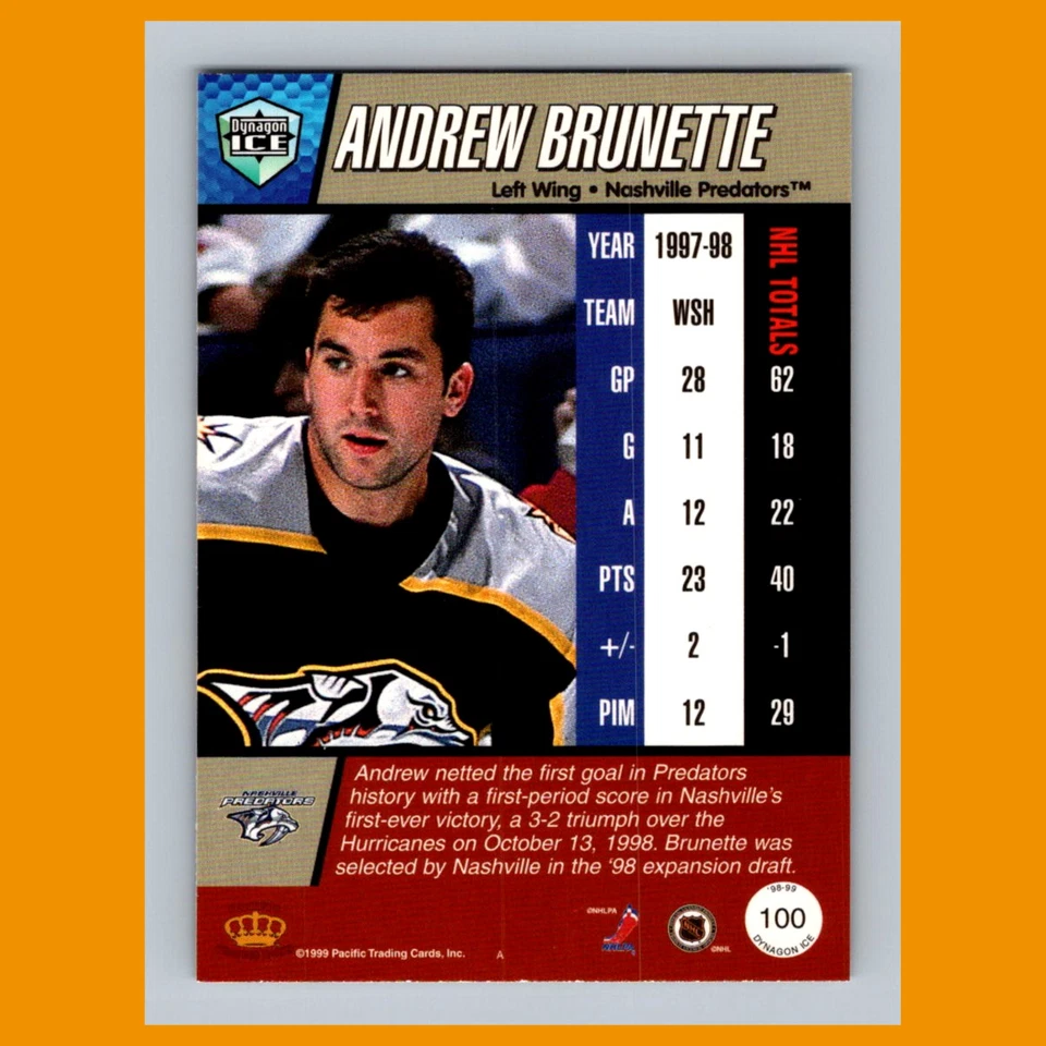 Andrew Brunette #100 1998 Pacific Dynagon Ice Nashville Predators Hockey Card NM - Image 2 of 3