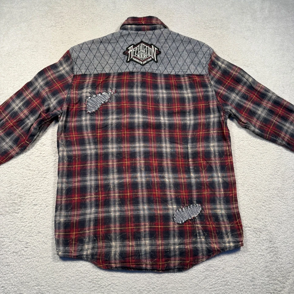 Y2K Affliction Men's Flannel Shirt Red Plaid Distressed Patches Size M - Image 2 of 4