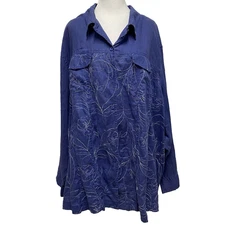 Ulla Popken Relaxed Fit 100% Linen Top Sz 32/34 Blue Floral Emboidery Button Up