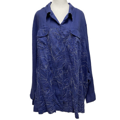 Ulla Popken Relaxed Fit 100% Linen Top Sz 32/34 Blue Floral Emboidery Button Up