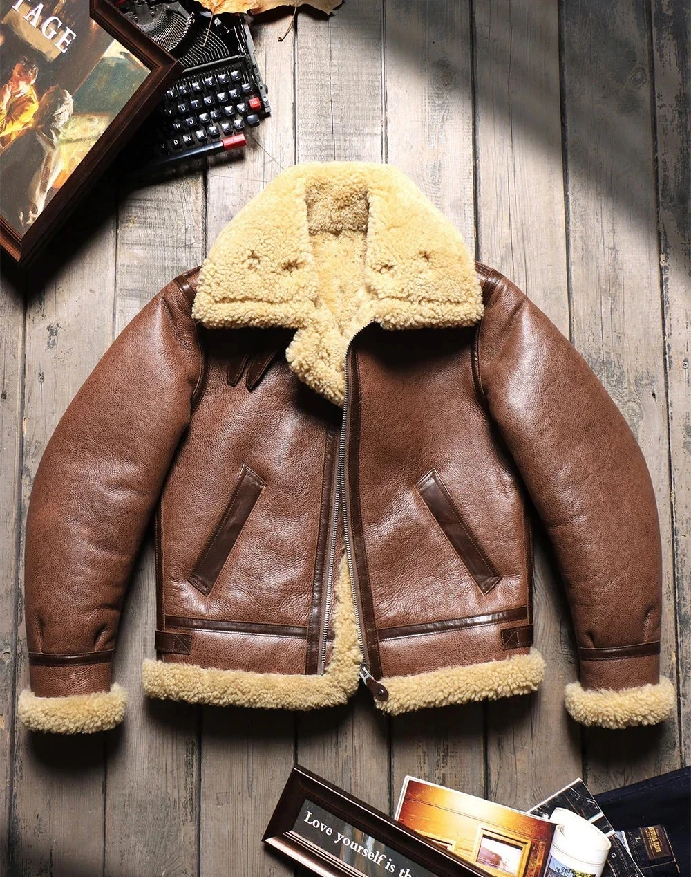 Vintage B3 Sheepskin Shearling Leather Bomber Jacket Mens Brown Winter Outerwear